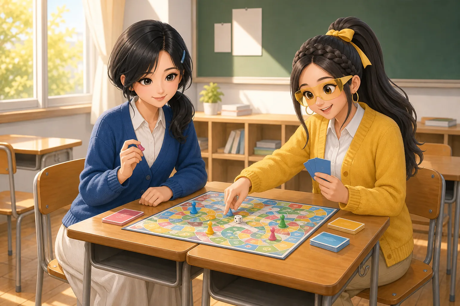 深見つむぎ、戸倉ジャスミンが放課後の教室でボードゲームを楽しむ様子