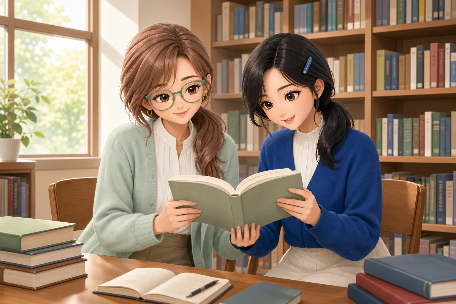 香月リサ先生、深見つむぎが図書室で読書会を楽しむ様子
