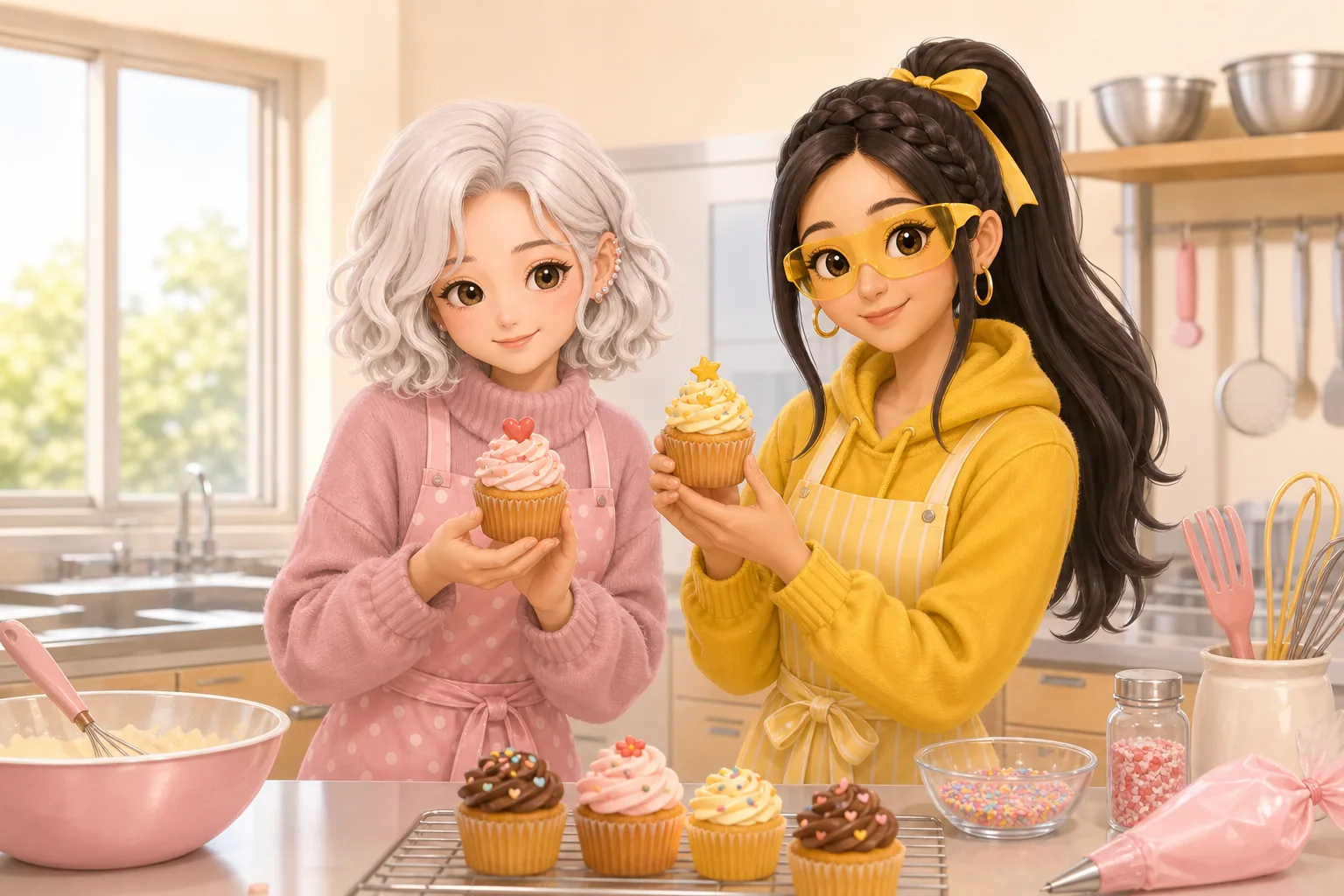 雪村ましろ、戸倉ジャスミンが調理室でカップケーキ作りを楽しむ様子