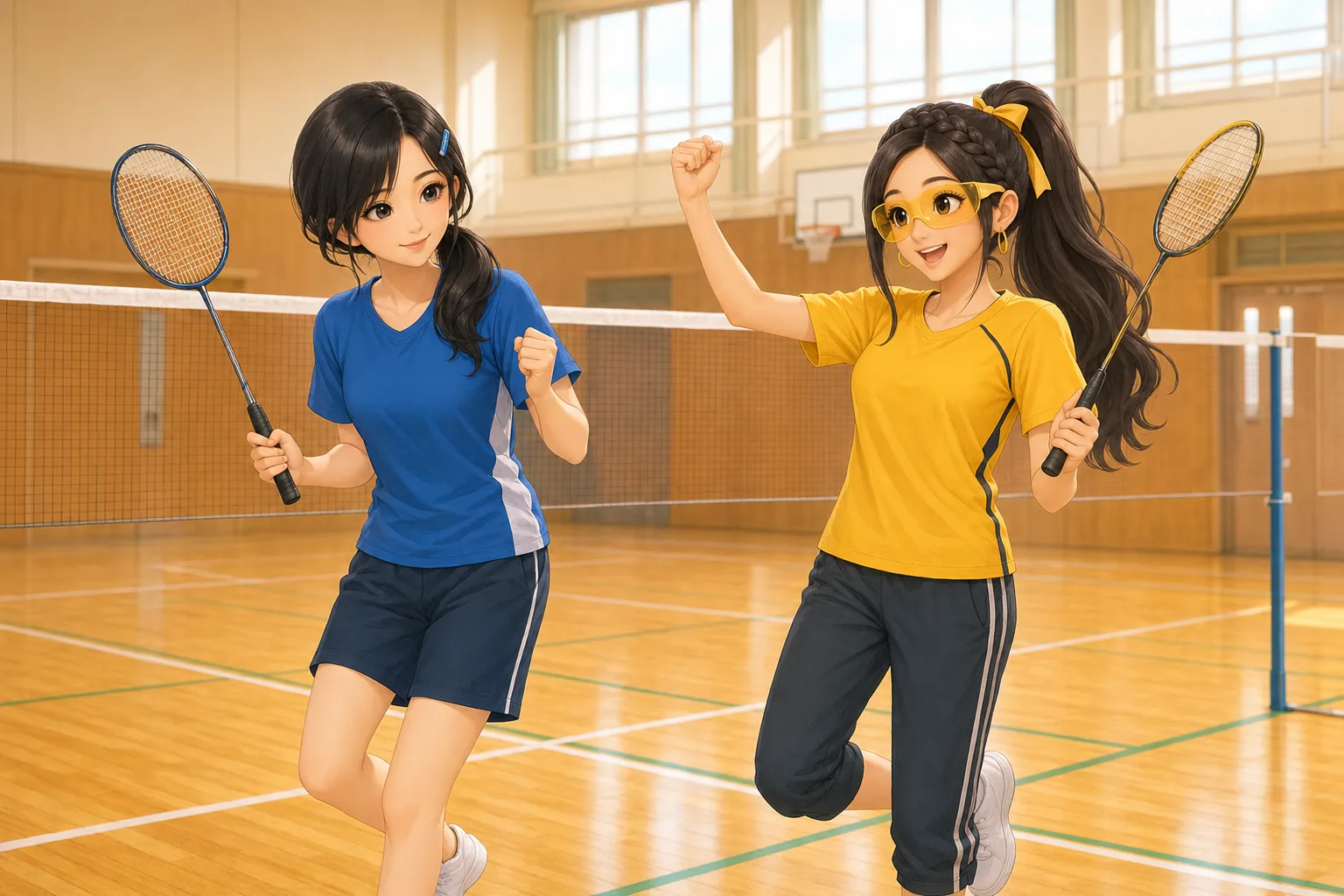 深見つむぎ、戸倉ジャスミンが体育館でバドミントンを楽しむ様子
