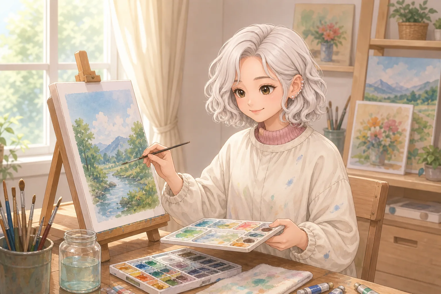 雪村ましろが美術室で水彩画を楽しむ様子