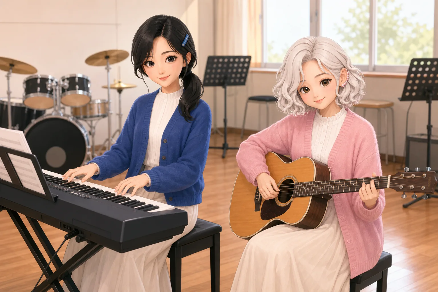 深見つむぎ、雪村ましろが音楽室でセッションを楽しむ様子