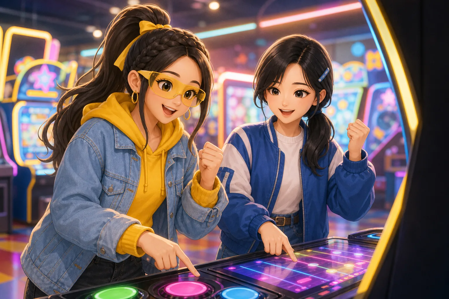 戸倉ジャスミン、深見つむぎがゲームセンターで協力プレイを楽しむ様子