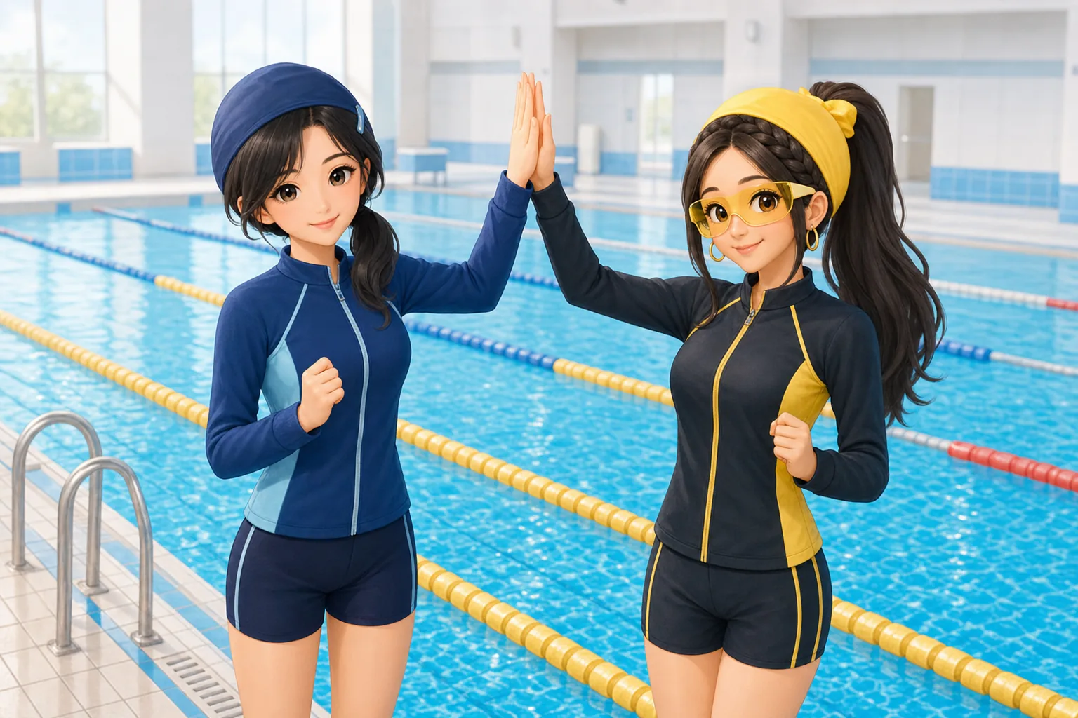 深見つむぎ、戸倉ジャスミンが屋内プールで水泳リレーを楽しむ様子