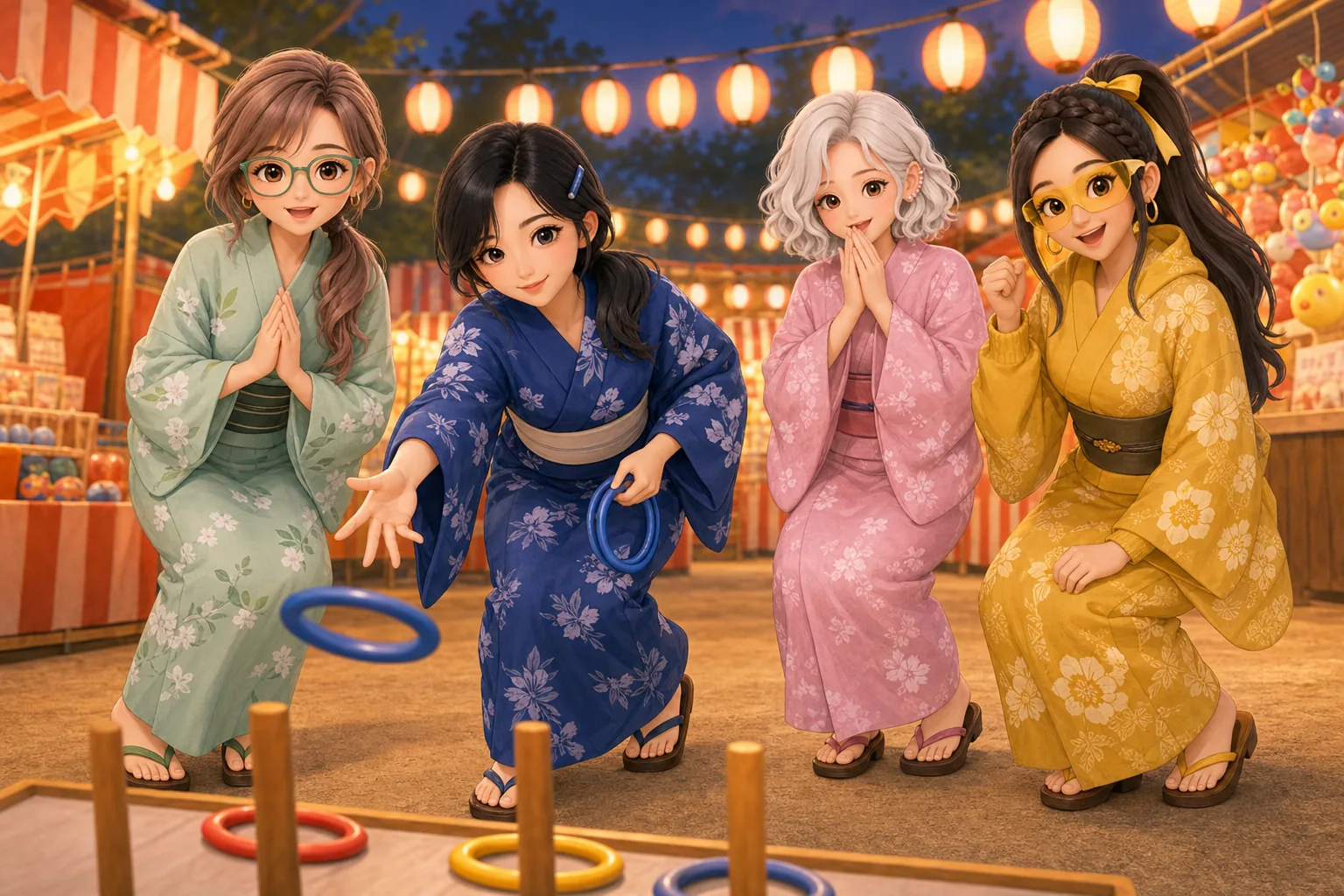 香月リサ先生、深見つむぎ、雪村ましろ、戸倉ジャスミンが夏祭りで輪投げを楽しむ様子