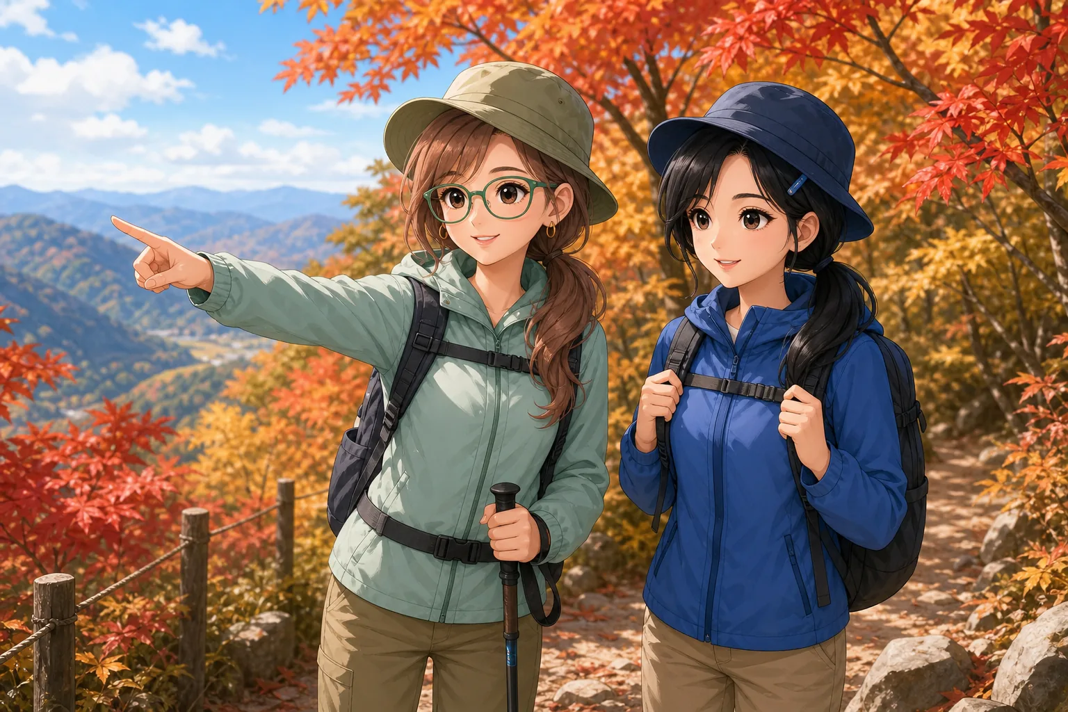 香月リサ先生、深見つむぎが紅葉の山をハイキングを楽しむ様子