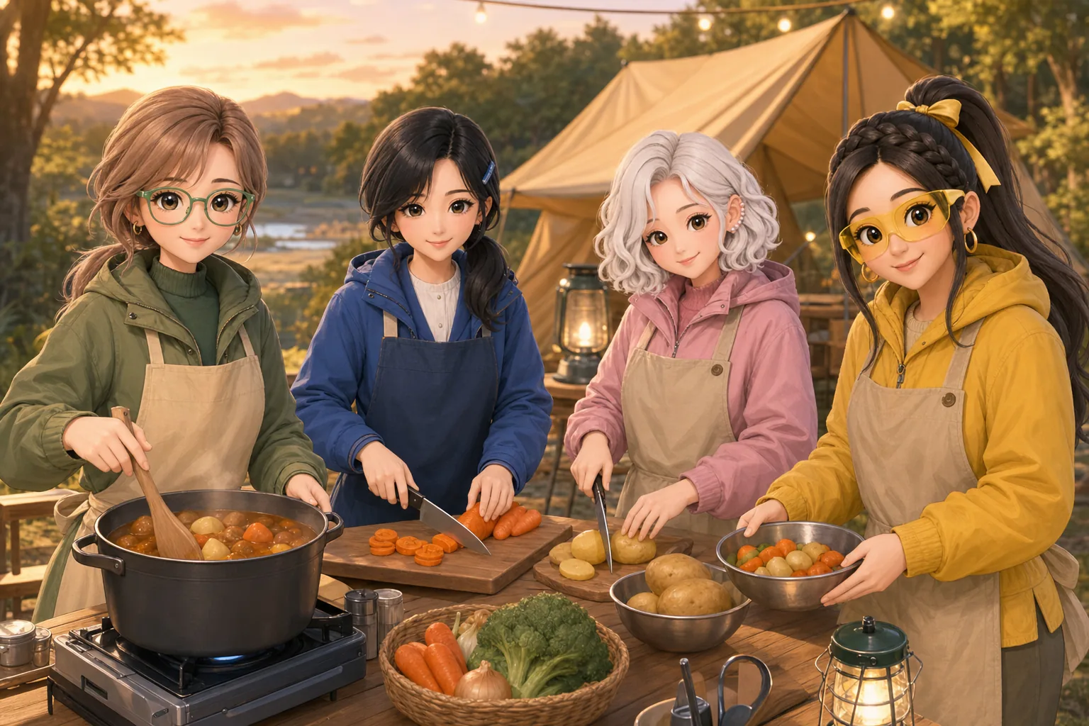香月リサ先生、深見つむぎ、雪村ましろ、戸倉ジャスミンがキャンプでカレー作りを楽しむ様子