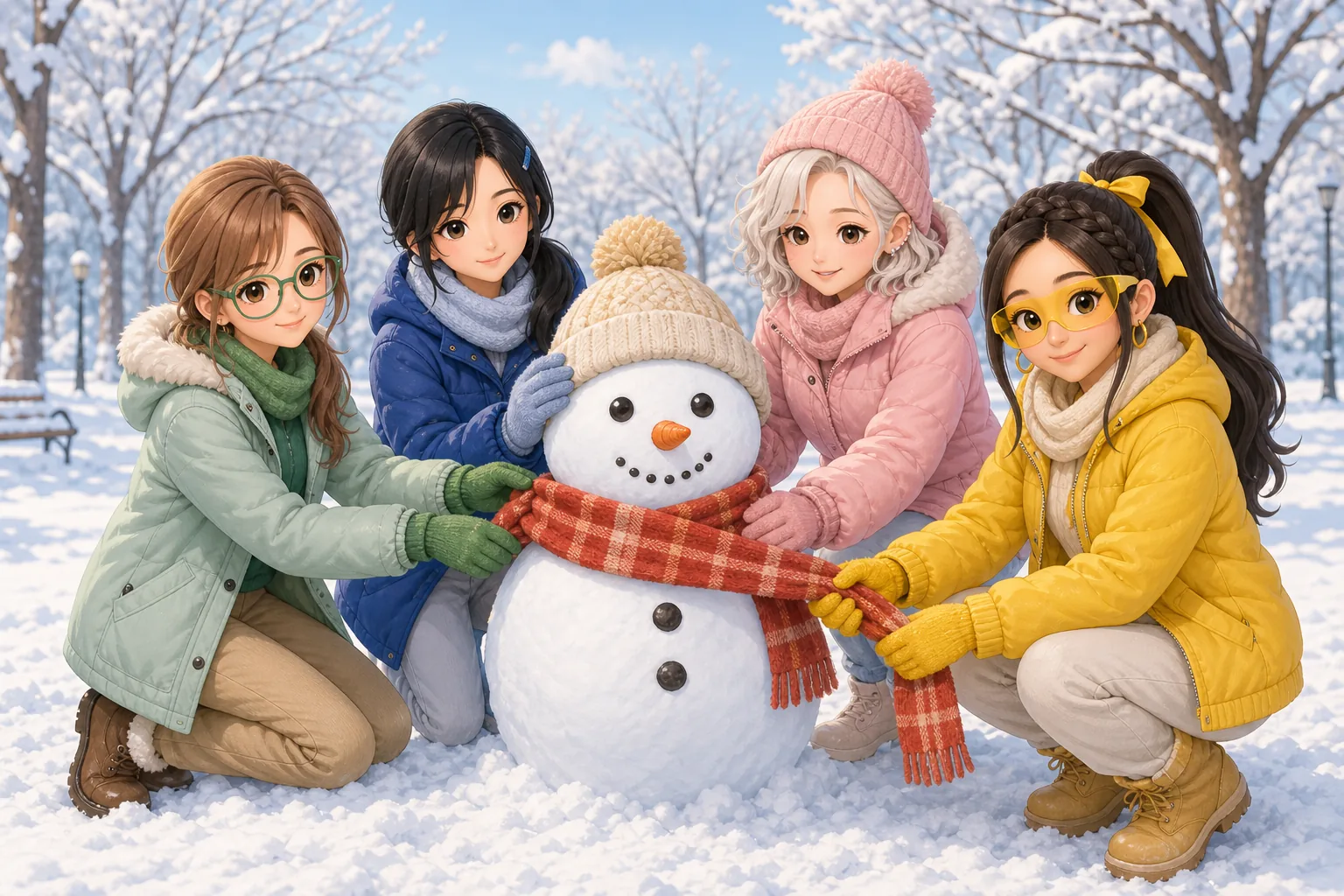 香月リサ先生、深見つむぎ、雪村ましろ、戸倉ジャスミンが雪だるま作りを楽しむ様子