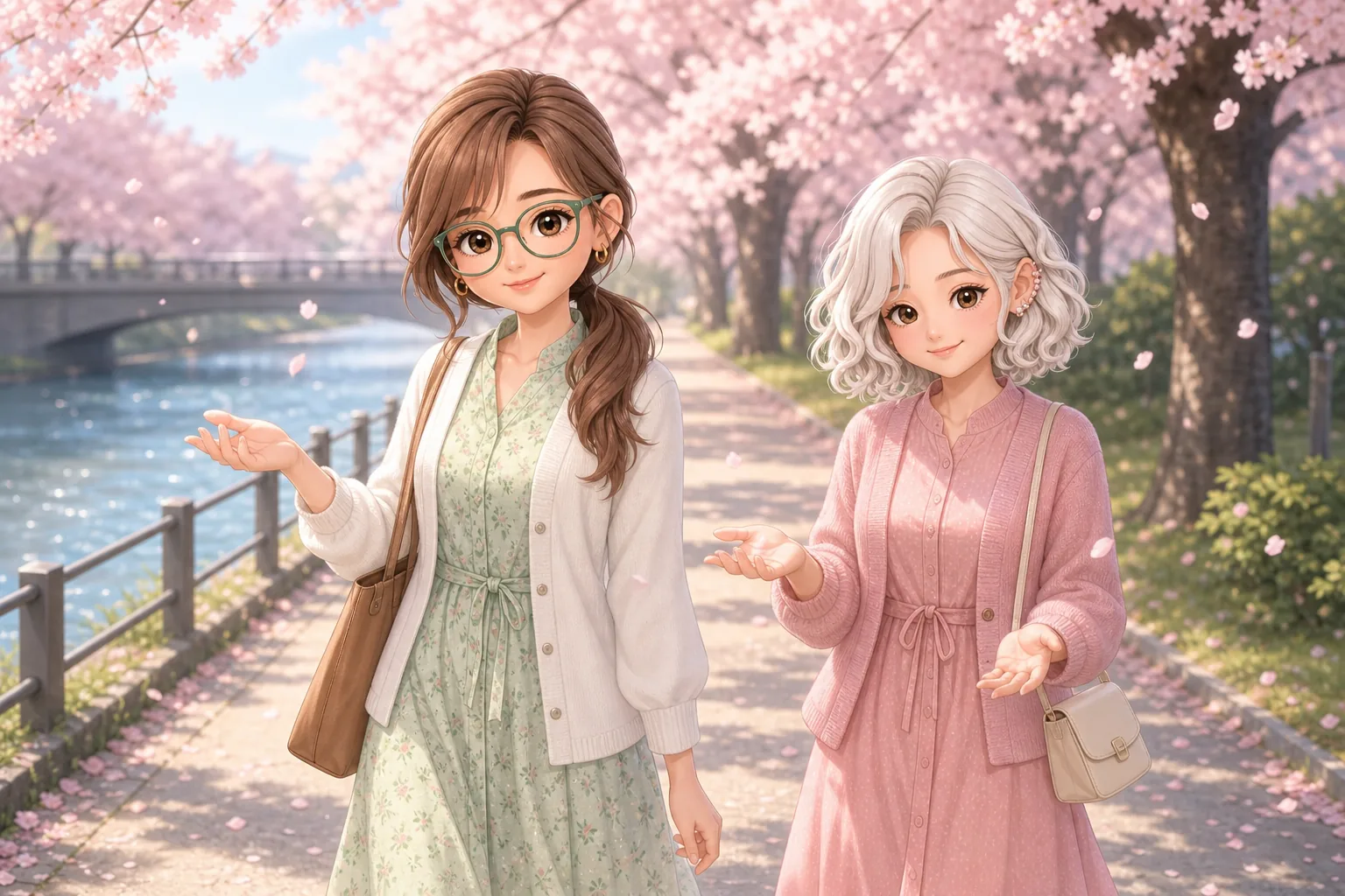 香月リサ先生、雪村ましろが桜並木をお散歩を楽しむ様子