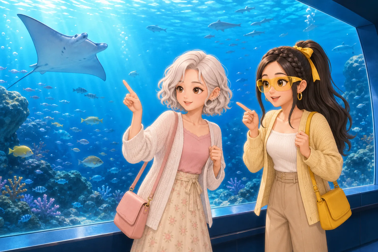 雪村ましろ、戸倉ジャスミンが水族館で大水槽を鑑賞を楽しむ様子