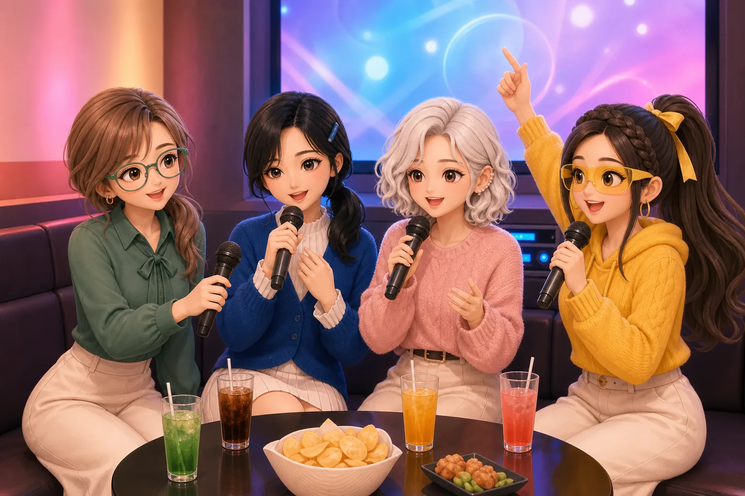 香月リサ先生、深見つむぎ、雪村ましろ、戸倉ジャスミンがカラオケで歌うを楽しむ様子