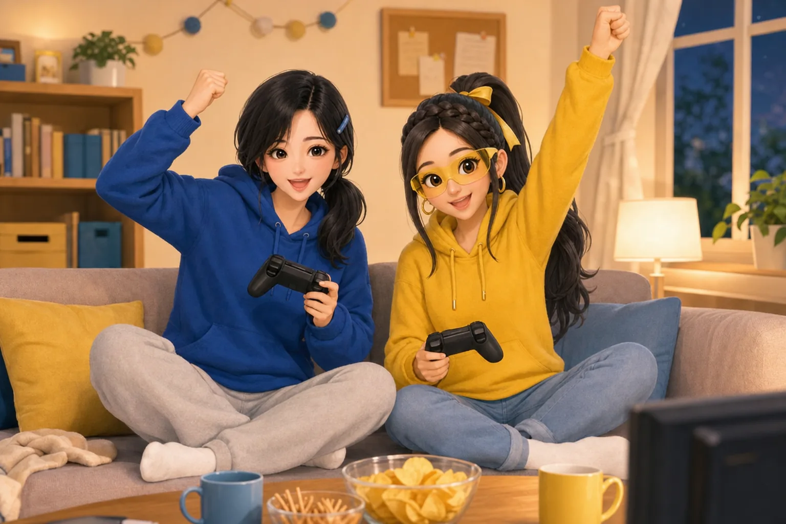 深見つむぎ、戸倉ジャスミンが部室で協力ゲームを楽しむ様子