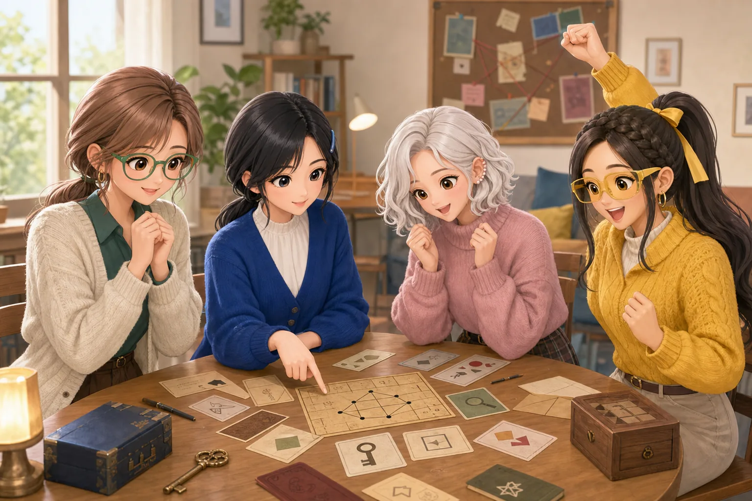 香月リサ先生、深見つむぎ、雪村ましろ、戸倉ジャスミンがテーブル謎解きゲームを楽しむ様子