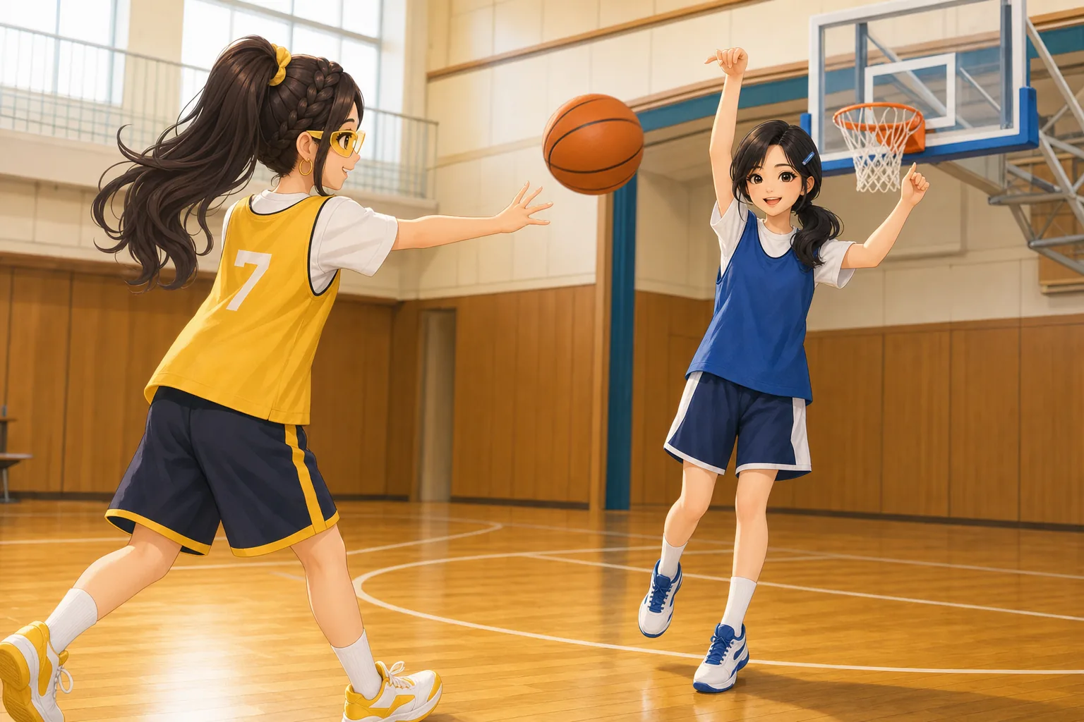 深見つむぎ、戸倉ジャスミンが体育館でバスケットボールを楽しむ様子