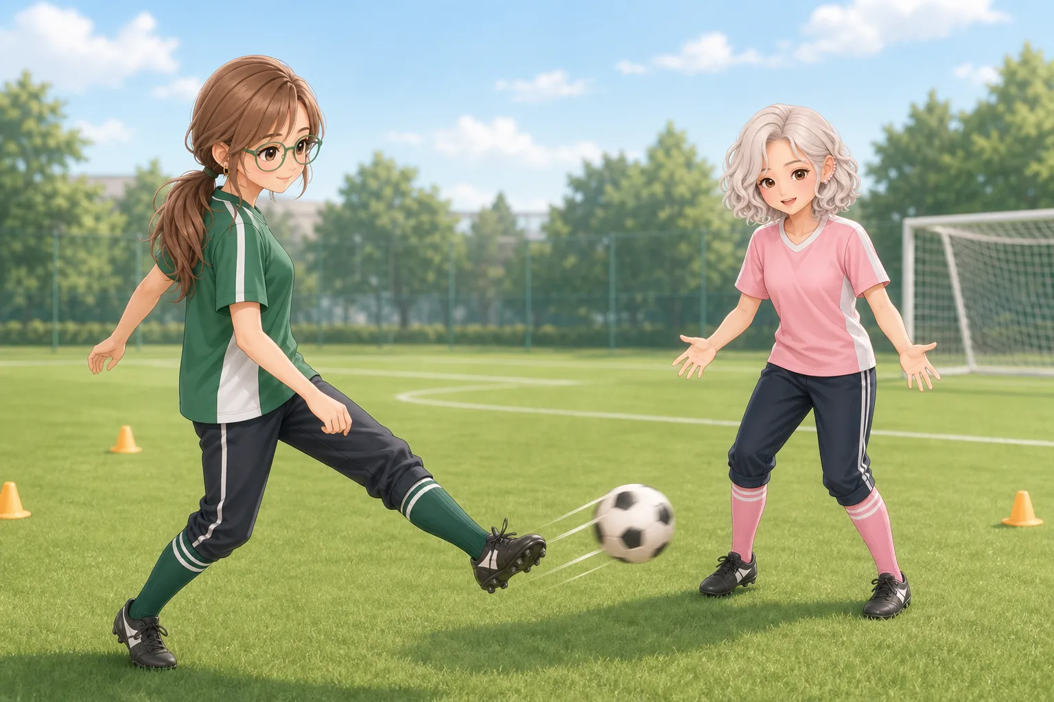 香月リサ先生、雪村ましろがグラウンドでサッカー練習を楽しむ様子