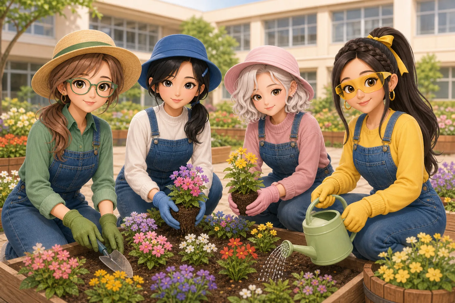 香月リサ先生、深見つむぎ、雪村ましろ、戸倉ジャスミンが校庭のガーデニングを楽しむ様子
